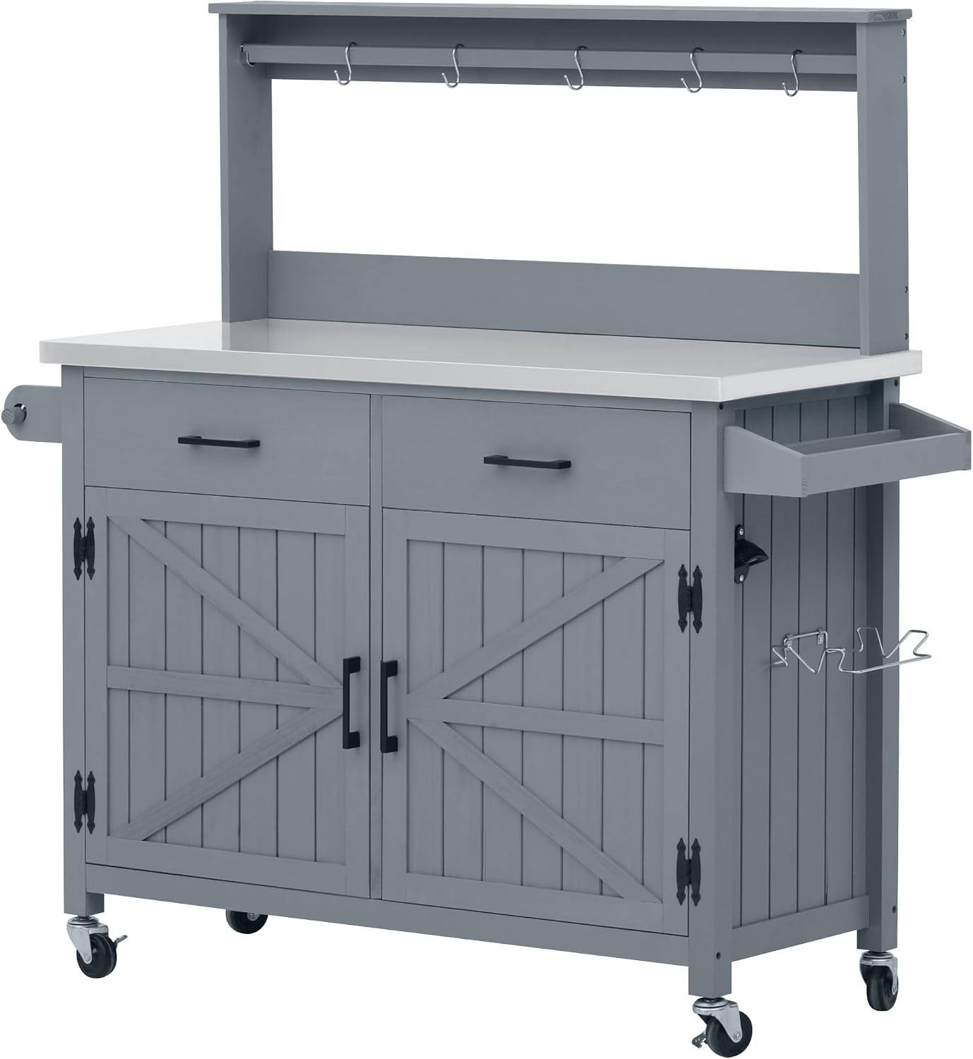 54.1' Outdoor Kitchen Island with High Shelf – Large Potting Bench Table Featuring Stainless Steel Top, Solid Wood Grill Cart, Lockable Wheels & Smart Storage for BBQ, Garden(Grey Blue)