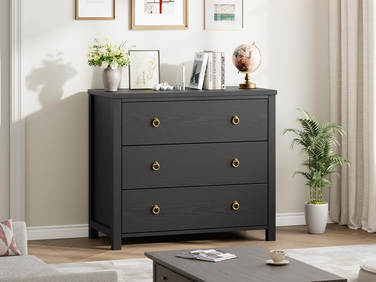 IDEALHOUSE 3 Drawer Dresser for Bedroom, 29' Tall Chest of Drawers, Wood Dresser for Closet, Clothes Storage Cabinet & Drawer Organizer for Living Room, Hallway, Entryway, Black