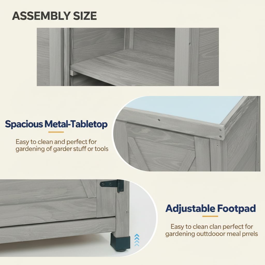 Potting Bench with Storage Cabinet & Metal Top, Solid Wood Hemlock Outdoor Work Station Table, X-Shape Sturdy Design, Magnetic Door, Gray/Light Brown, 31'x17'x36' (Gray)