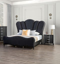 Lovely Bedroom 3pc Set King Size Bed 2X Nightstands Black Fabric Padded HB Wood Legs