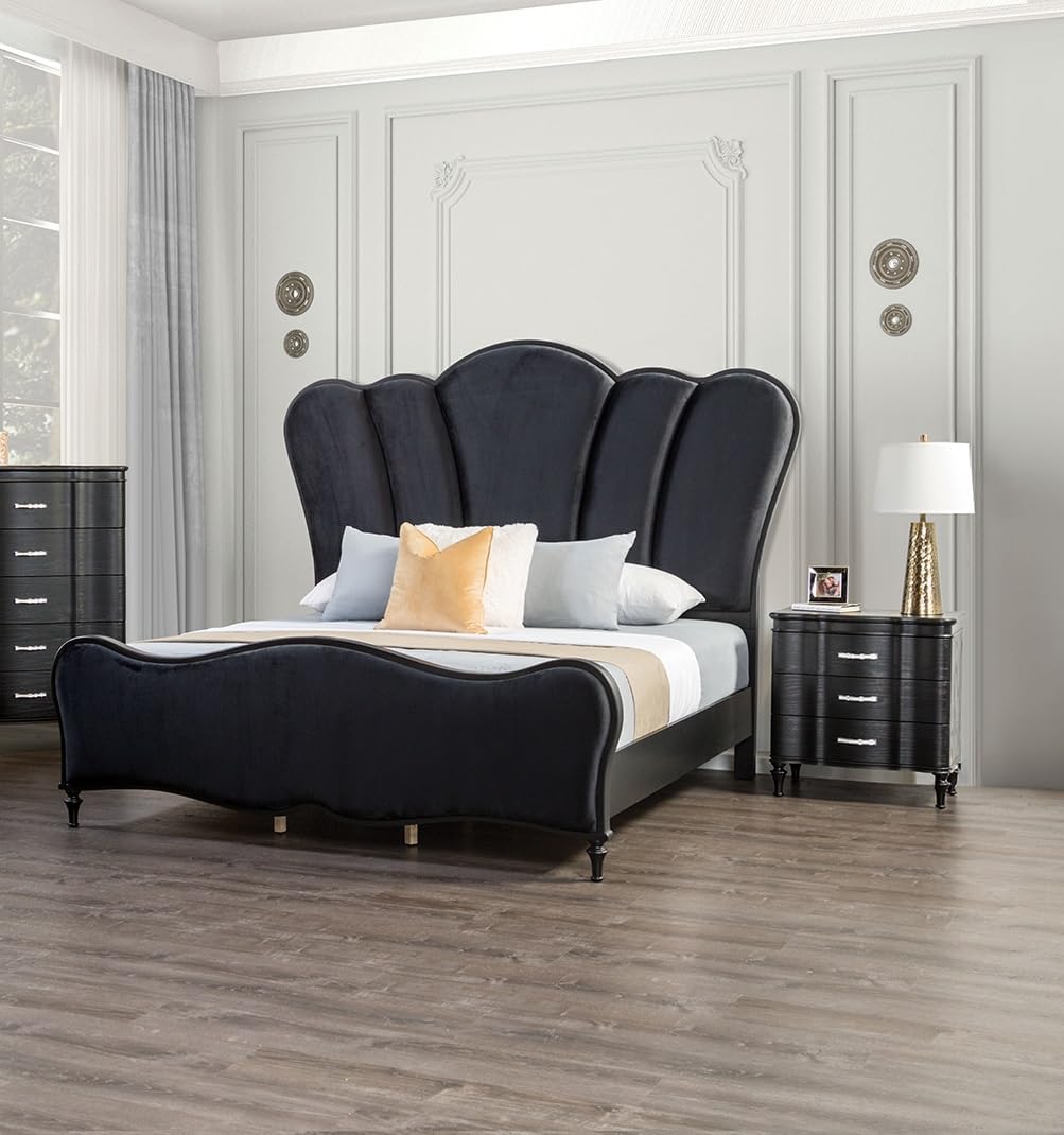 Lovely Bedroom 3pc Set King Size Bed 2X Nightstands Black Fabric Padded HB Wood Legs