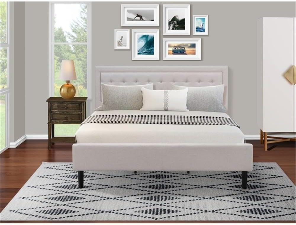East West Furniture FN08K-1VL07 2-Piece Fannin Bedroom Set with 1 King Bed Frame and an End Table - Reliable and Sturdy Construction - Mist Beige Linen Fabric