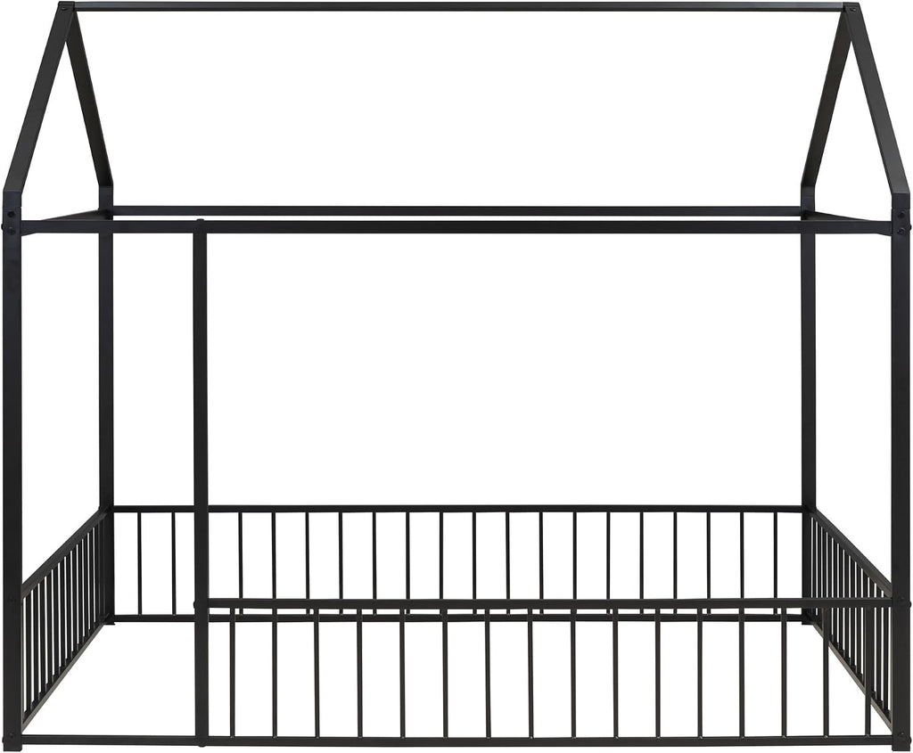 Bellemave Full Size House Floor Bed with Rails and roof, Metal House Bed for Kids, Montessori Floor Beds for Kids, Black