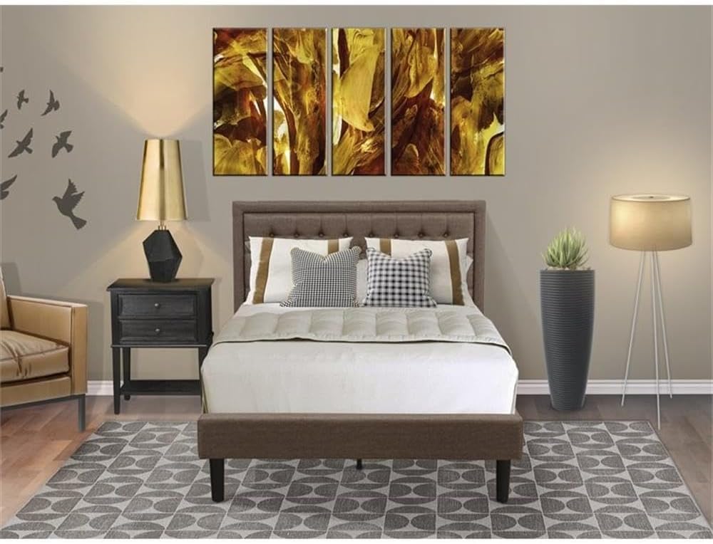 East West Furniture KD18F-1VL06 2 Piece Bedroom Set - 1 Wood Bed Frame Brown Linen Fabric Padded and Button Tufted Headboard with 1 Mid Century Nightstand - Wire Brushed Black Finish Nightstand
