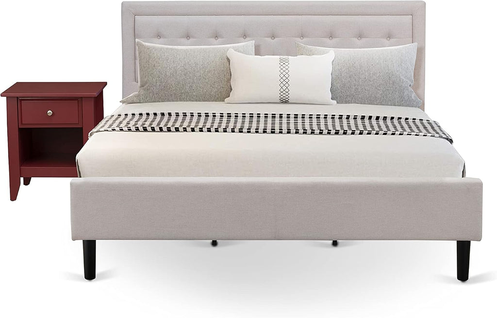 East West Furniture FN08K-1GA13 2-Piece Fannin Bed Set with 1 King Size Bed Frame and a Burgundy Night Stand - Reliable and Durable Manufacturing - Mist Beige Linen Fabric Bed