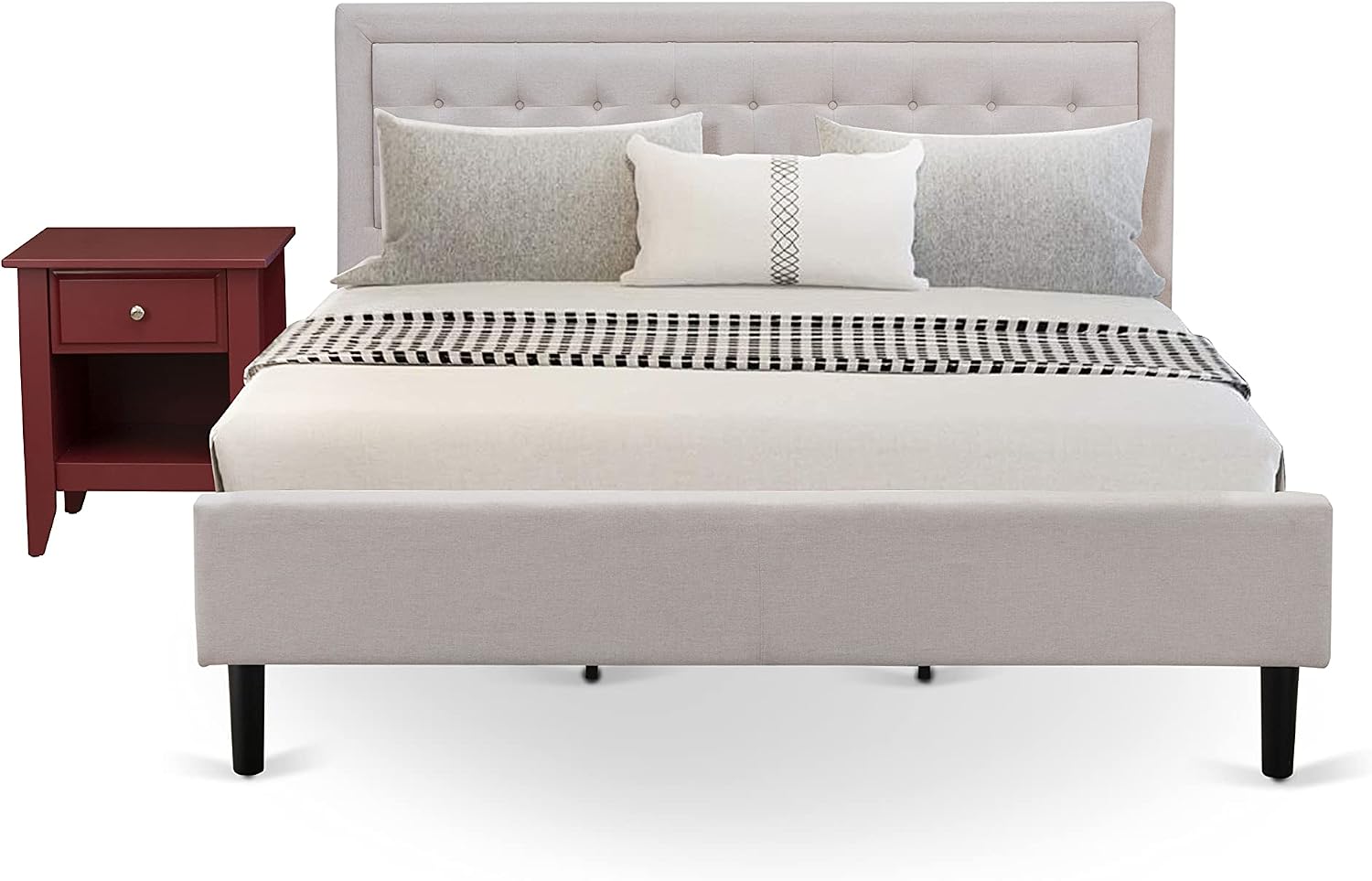 East West Furniture FN08K-1GA13 2-Piece Fannin Bed Set with 1 King Size Bed Frame and a Burgundy Night Stand - Reliable and Durable Manufacturing - Mist Beige Linen Fabric Bed