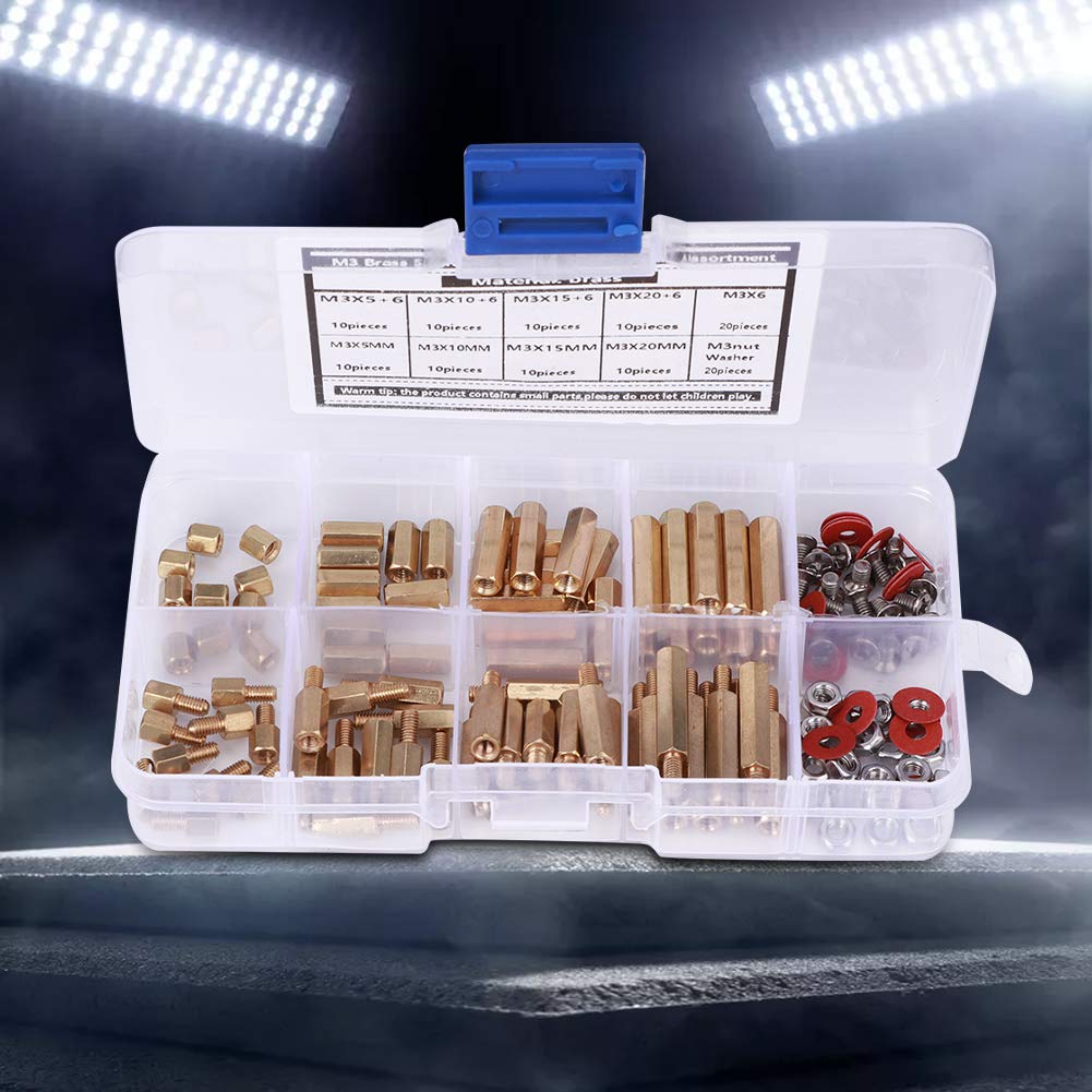 M3 Brass Standoffs Screws Washers Nut Assortment Kit Durable Hex Spacer Set for Circuit Board Assembly and Computer Connectors Hardware Accessories 140PCS