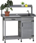 Wooden Potters Benches Table Outdoor Potting Bench Table with Removable Sink, Faucet, Drawer, Storage Cabinet, Top Shelves, Hooks, Outside Lawn Patio Garden Workstation, Gray