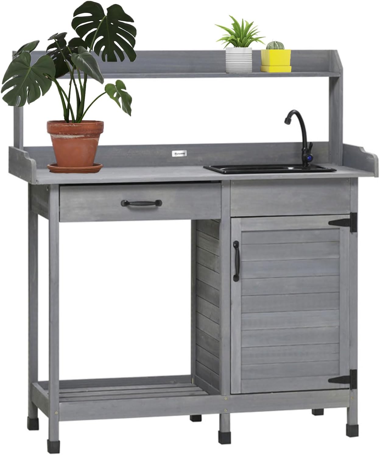 Wooden Potters Benches Table Outdoor Potting Bench Table with Removable Sink, Faucet, Drawer, Storage Cabinet, Top Shelves, Hooks, Outside Lawn Patio Garden Workstation, Gray