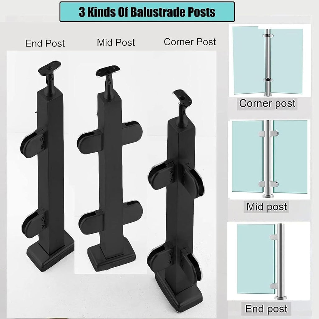 Black Glass Stair Railing Post Stainless Steel 304 Staircase Handrail Balusters with Glass Clamp and Rubbers, Metal Balustrade Suitable for Stairs, Terraces, Garden(Add Handrail Version)(End Post,70cm