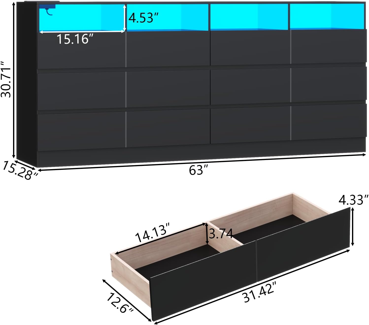 Loomie 12-Cell Divided Drawers Black Dresser with Charging Station & Led Lights for Bedroom, Long 63' Wide Dresser TV Stand for TVs up to 75', Large Dressers Organizer with 4 Open Cubbies