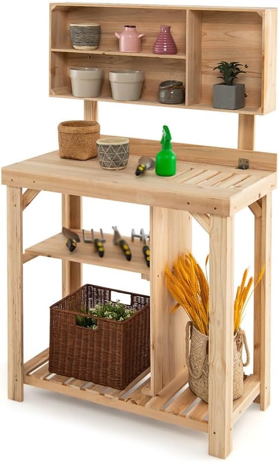 Garden Potting Table Outdoor Bench Wooden Workstation W/Storage Shelf