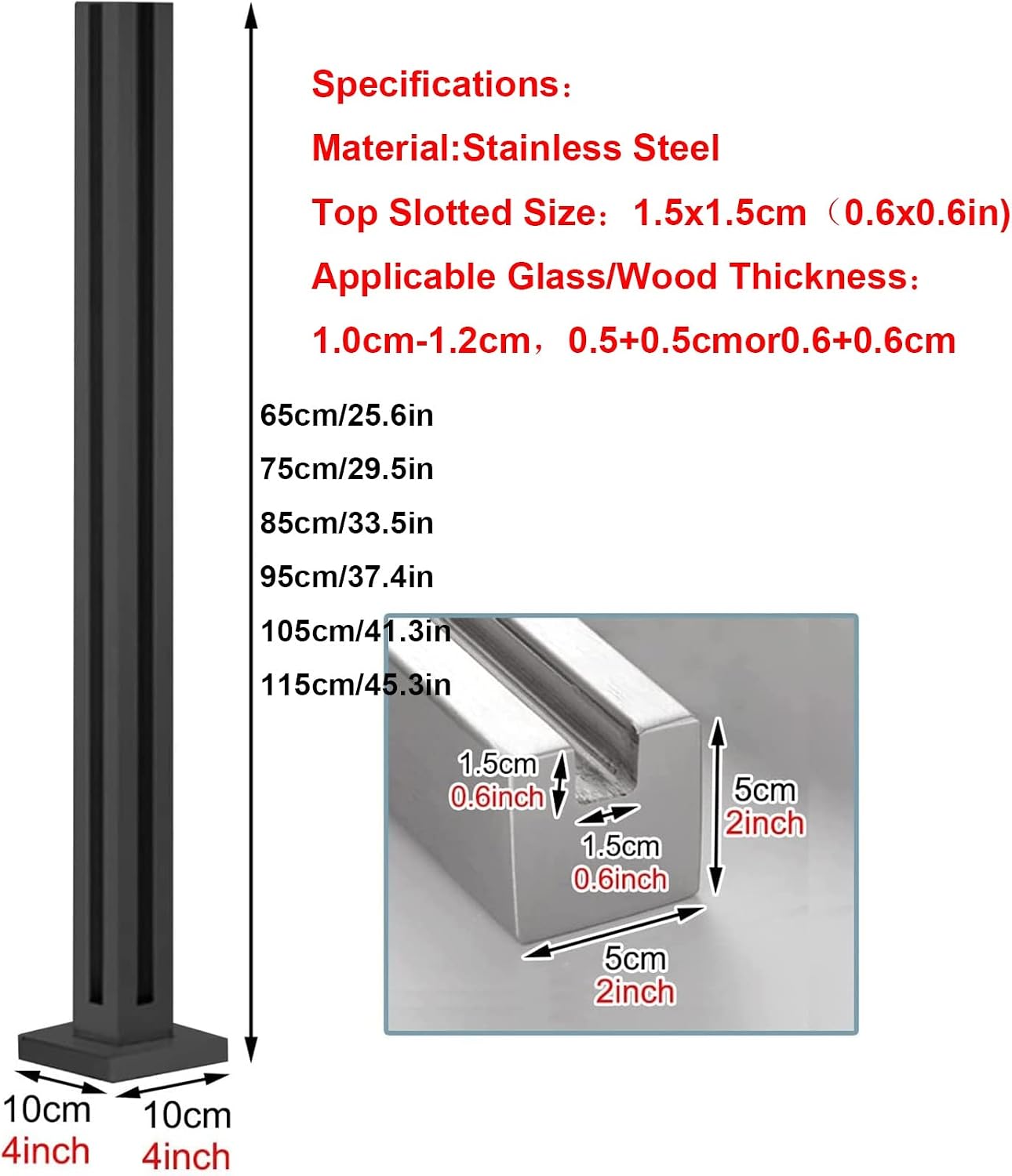 Shower Glass Clamp, Square Glass Railing, Black Glass Panels Post Steel Guardrail, Outdoor Deck Balcony Patio Railing System Clamps, Height 65/75/85/95/105/115cm Fence Pole Column(End Post,Height-75cm