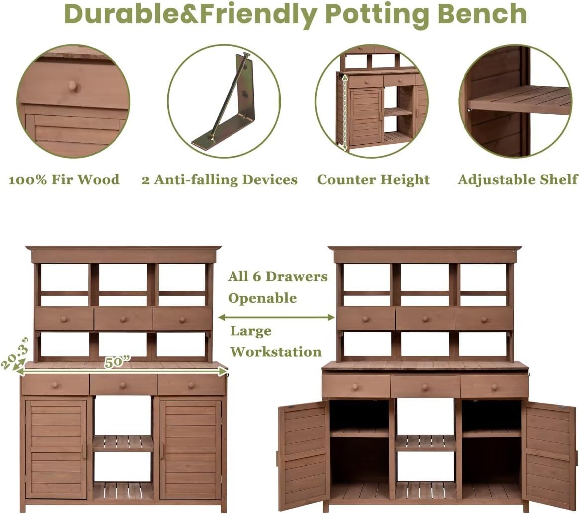 JIJIWANG 65.7'' H Tall Garden Potting Bench Table with Hutch,Patio Storage Workstation with 3 Shelves,6 Drawers,2 Bottom Cabinets&Side Hooks for Mudroom,Doorway, Brown