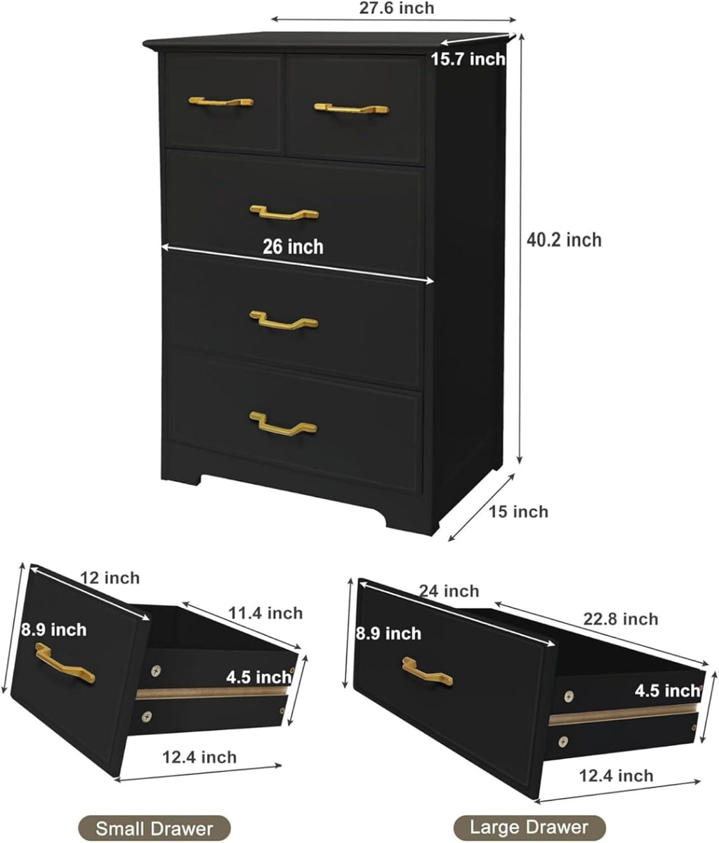 NEDYO 5 Drawer Dresser, Modern Tall Drawer Chest, Wooden Storage Organizer Cabinet for Bedroom, Living Room, Hallway, Entryway, Office. Black