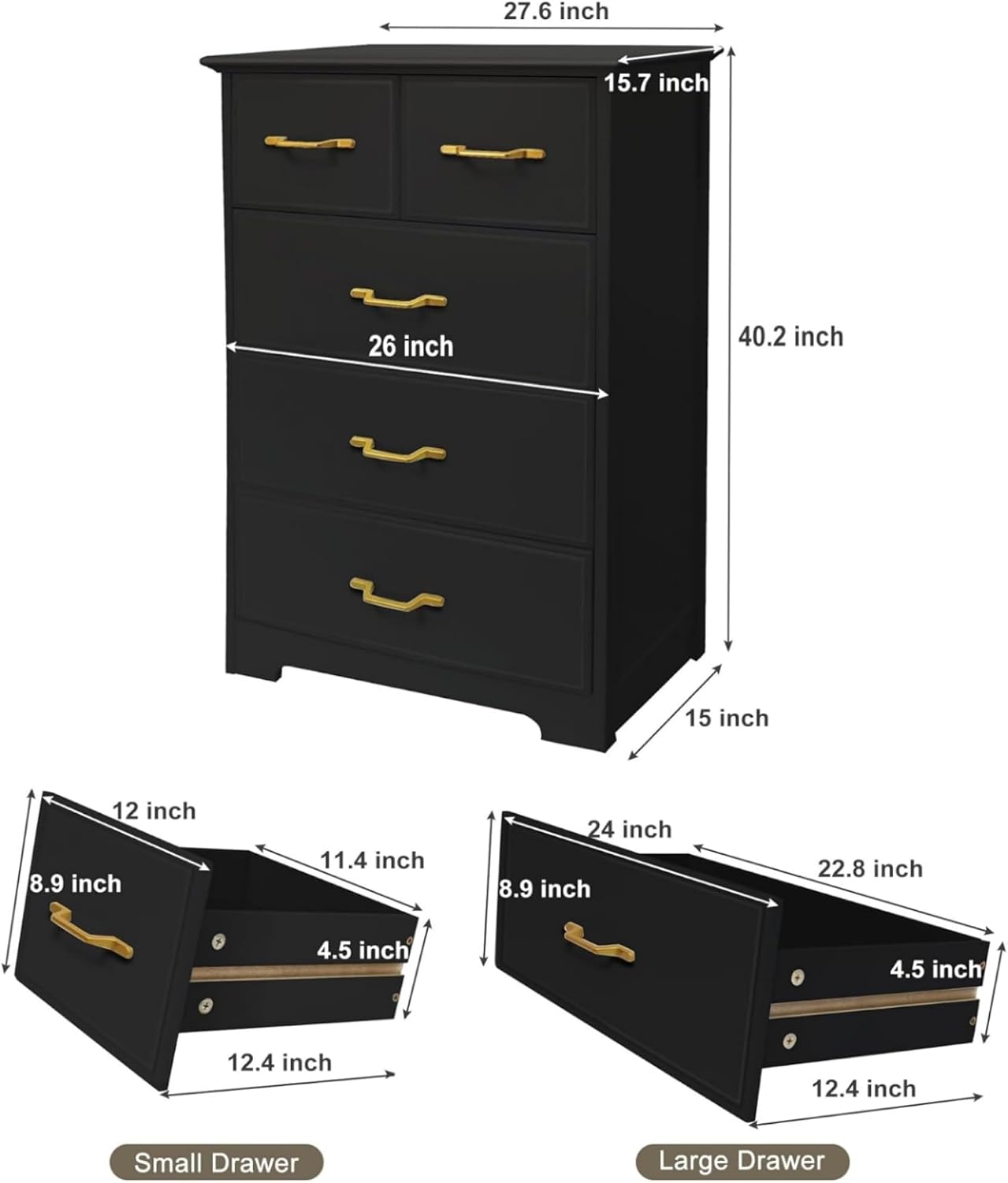 NEDYO 5 Drawer Dresser, Modern Tall Drawer Chest, Wooden Storage Organizer Cabinet for Bedroom, Living Room, Hallway, Entryway, Office. Black