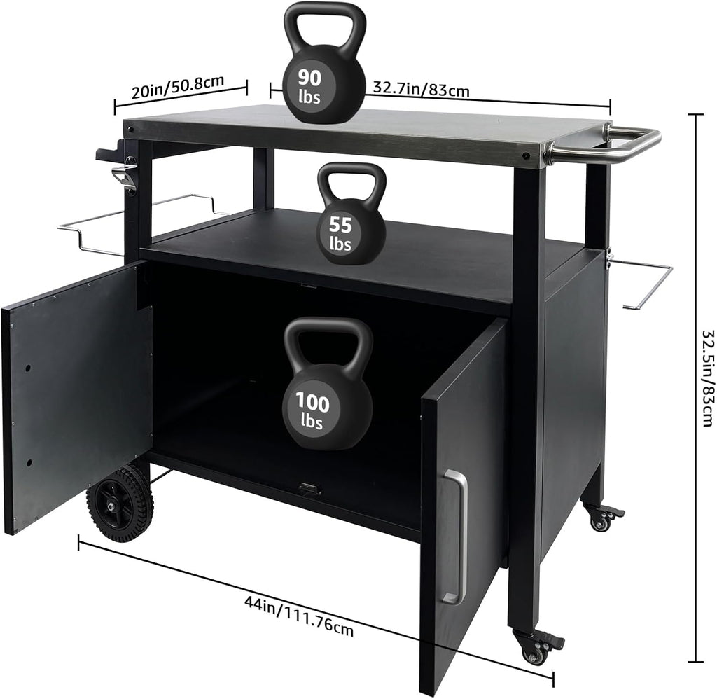 Grill Cart with Storage, 44 Inch Heavy Duty Outdoor Kitchen Cart on Wheels, Mobile BBQ Prep Table with Stainless Steel Top & Enclosed Cabinet for Pizza Oven, Tailgating & Camping