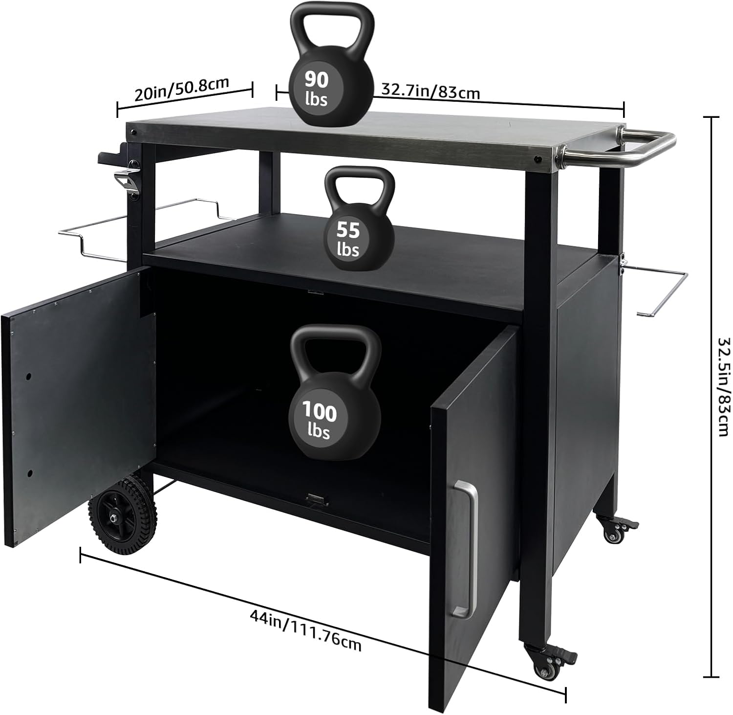 Grill Cart with Storage, 44 Inch Heavy Duty Outdoor Kitchen Cart on Wheels, Mobile BBQ Prep Table with Stainless Steel Top & Enclosed Cabinet for Pizza Oven, Tailgating & Camping