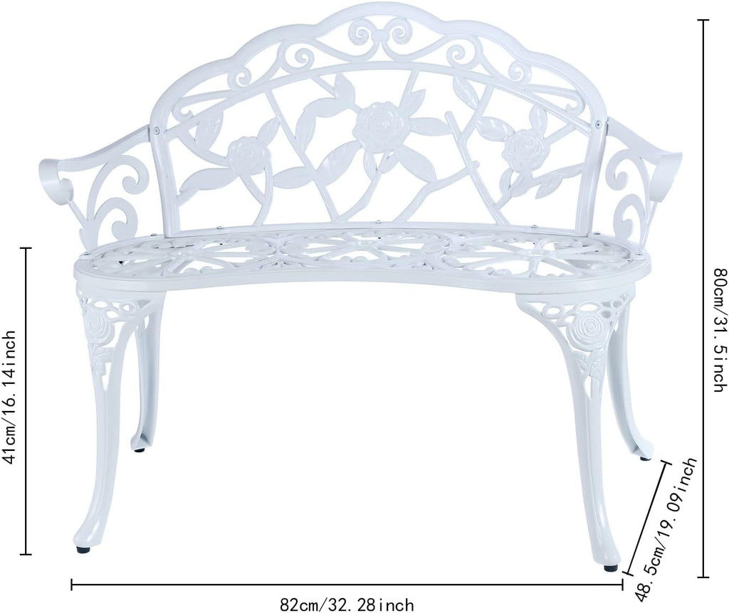 YKSY&YKSY Patio Garden Bench Metal Park Bench Cast Aluminum Outdoor Furniture with Floral Rose for Patio,Park,Lawn,Yard (White)
