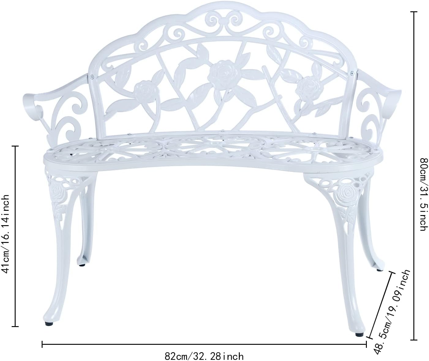 YKSY&YKSY Patio Garden Bench Metal Park Bench Cast Aluminum Outdoor Furniture with Floral Rose for Patio,Park,Lawn,Yard (White)