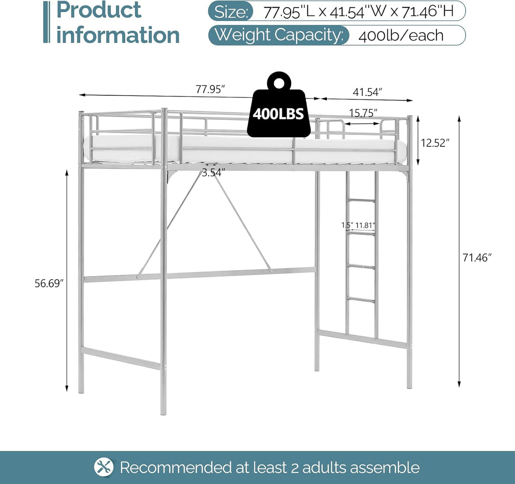 VINGLI Twin Loft Bed with Stairs Flat Steps for Kids, Adults Single Bed Space Saver Metal Loft, No Box Spring Required, Gray