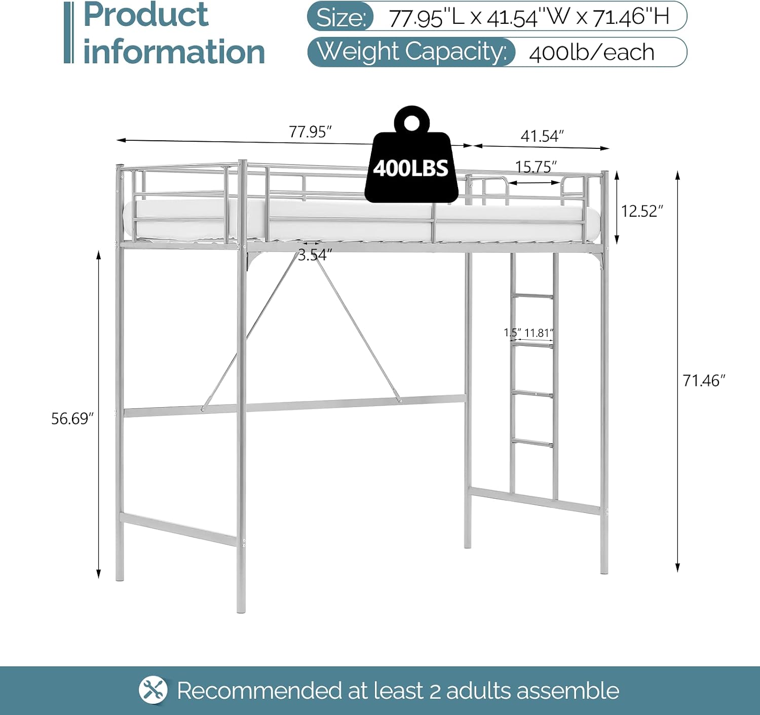 VINGLI Twin Loft Bed with Stairs Flat Steps for Kids, Adults Single Bed Space Saver Metal Loft, No Box Spring Required, Gray