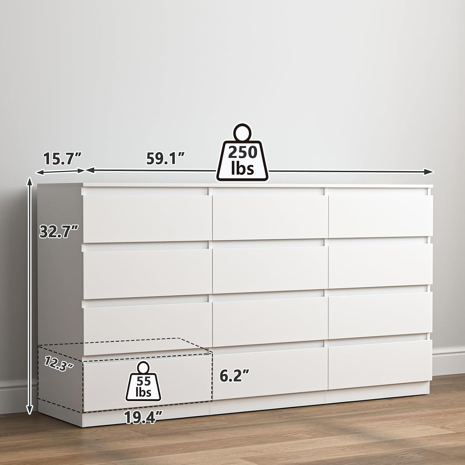 Vibe & Dine White Dresser 12 Drawer, Modern Long Dresser for Bedroom, Wood Chest of Drawers with Wide Storage for Living Room