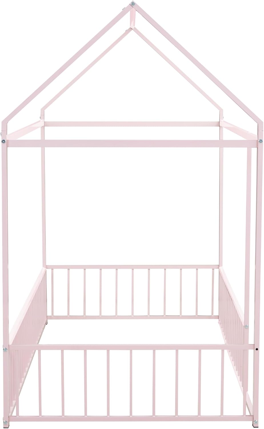Bellemave Twin Size House Floor Montessori Bedframe with Rails and roof, Metal House Bed for Kids, Montessori Floor Beds for Kids,Pink