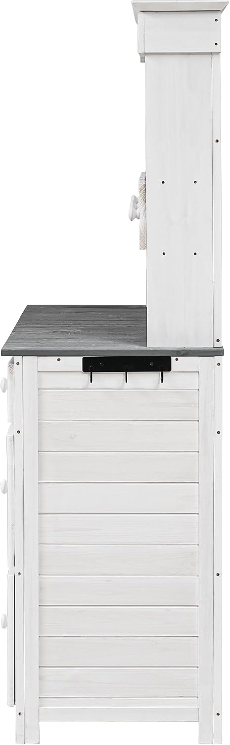Rustic 50''W Garden Potting Bench Table with 3 Tiers Shelf and Ample Drawers, Large Gardening Workstation with Fir Wood Frame for Outdoor Space, White+gray