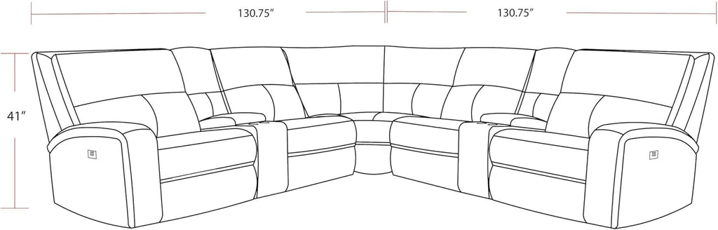 Pemberly Row Slate 7 Piece Power Reclining Sectional, Adjustable Headrests, USB Charging, Heavy-Duty Fabric, 130.75 in x 130.75 in, Plush Comfort, Cup Holder Console, Living Room Furniture