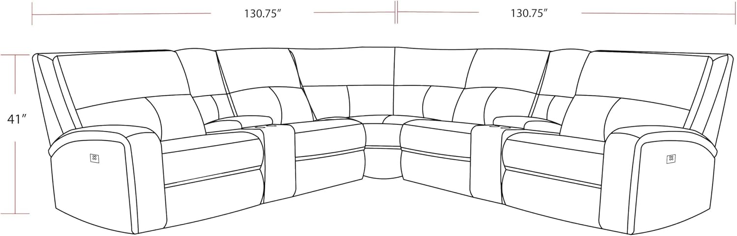 Pemberly Row Slate 7 Piece Power Reclining Sectional, Adjustable Headrests, USB Charging, Heavy-Duty Fabric, 130.75 in x 130.75 in, Plush Comfort, Cup Holder Console, Living Room Furniture