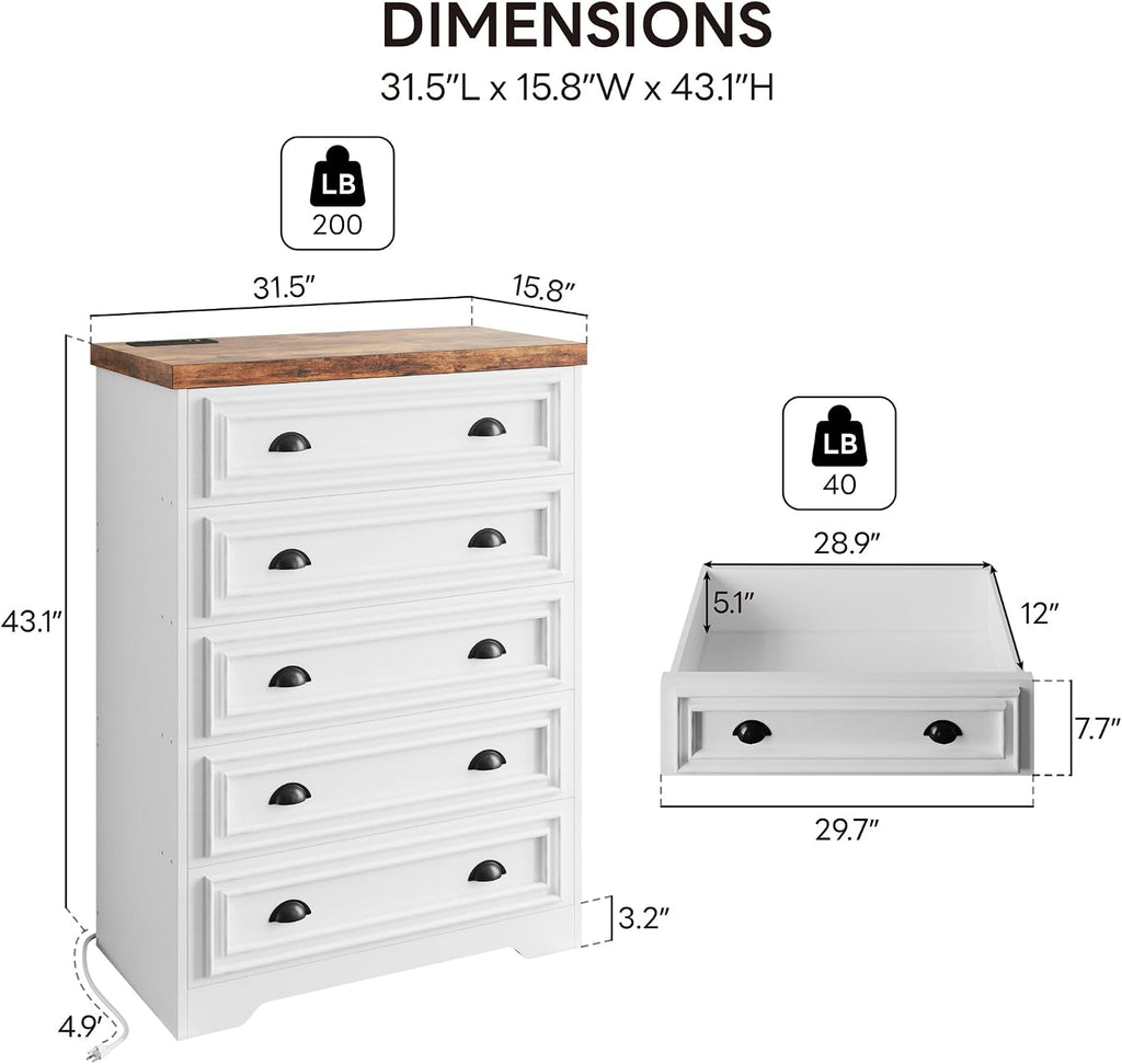 LIKIMIO 5-Drawer 43' Tall Dresser with Built-in Charging Station - Farmhouse Style Bedroom Storage Cabinet, Brown & White