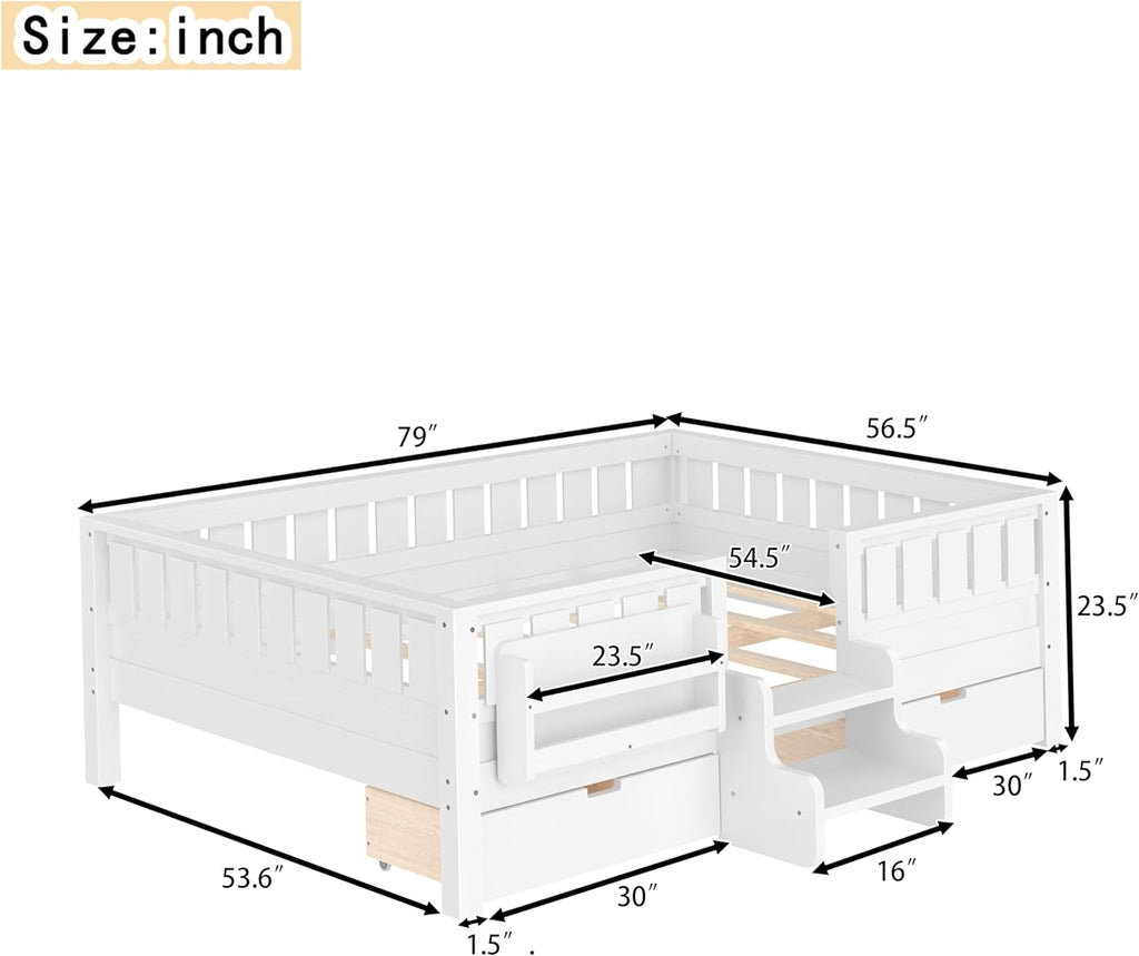 Bellemave Full Size Bed with Slats and Stairs, Full Size Platform Bed Frame with Fence, Bookshelf and Storage Drawers, Easy Assemble Beds for Kids, Girls, Boys, White