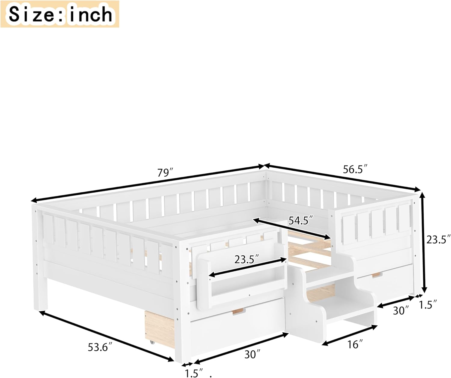 Bellemave Full Size Bed with Slats and Stairs, Full Size Platform Bed Frame with Fence, Bookshelf and Storage Drawers, Easy Assemble Beds for Kids, Girls, Boys, White