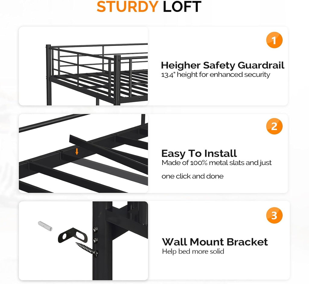 VINGLI Full Size Loft Bed Kids Loft with 2 Stairs Design,Space-Saving Double Bed for Teens, Adults, Heavy Duty Metal Square Slat, No Box Spring Needed,Black