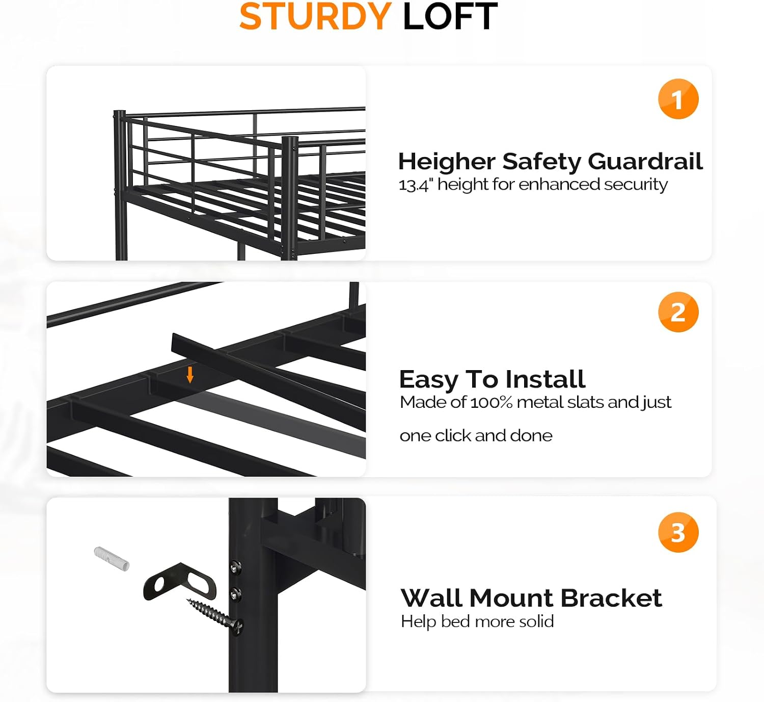 VINGLI Full Size Loft Bed Kids Loft with 2 Stairs Design,Space-Saving Double Bed for Teens, Adults, Heavy Duty Metal Square Slat, No Box Spring Needed,Black