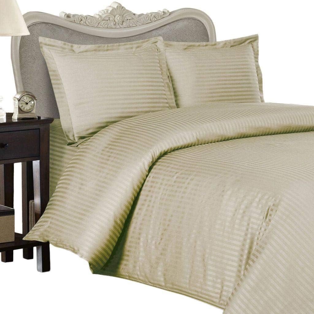 Luxurious Ultra Soft Silky 100% Egyptian Cotton Seven (7) Piece Set, Beige Stripe, King Size, Includes 4pc Bed Sheet Set & 3pc Duvet Set, 1000 Thread Count