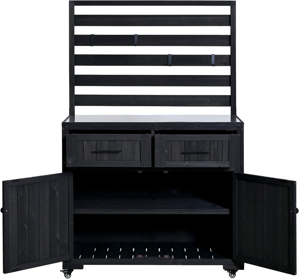 Merax 41.7'' W Patio Kitchen Island Solid Wood Kitchen Cart, Grill Prep BBQ Table, Garden Potting Bench with Stainless Table Top, 3 Movable Shelves and 2 Drawers,Black