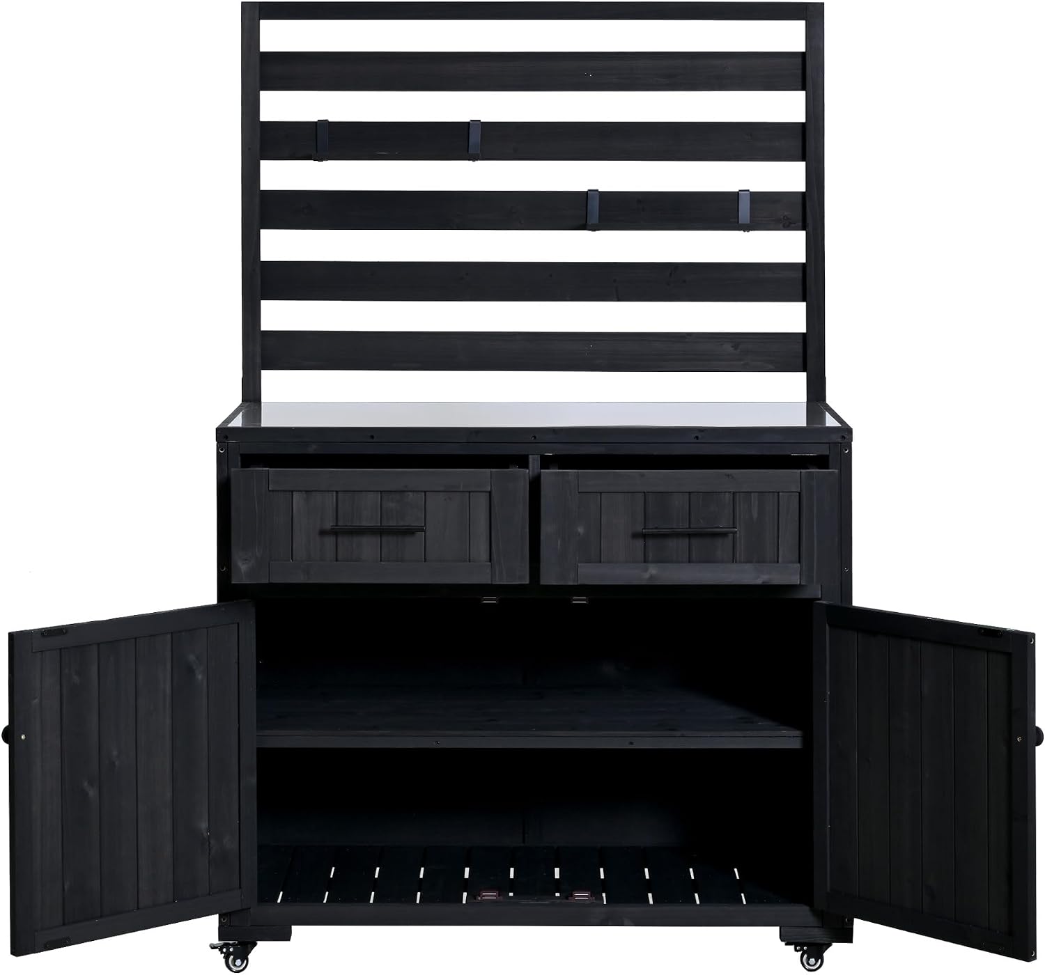 Merax 41.7'' W Patio Kitchen Island Solid Wood Kitchen Cart, Grill Prep BBQ Table, Garden Potting Bench with Stainless Table Top, 3 Movable Shelves and 2 Drawers,Black