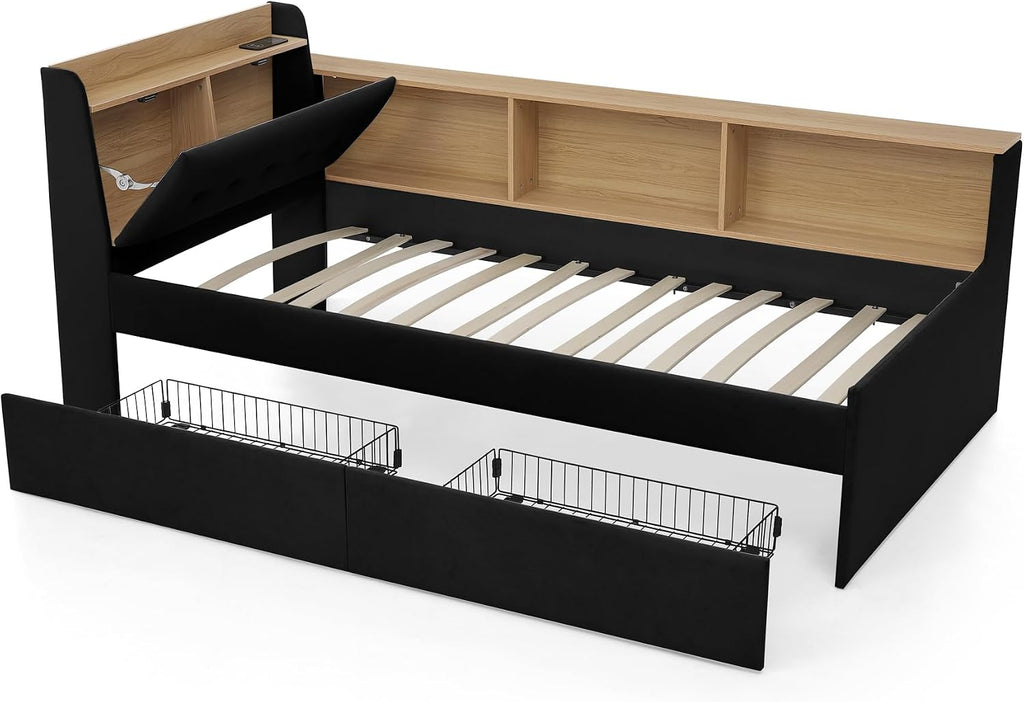 Corner Bed with Desk and Bookcase, LED Lights & USB Ports, Modern Twin Daybed with Storage Underneath Drawers, Soft Velvet Upholstered Day Bed Kids Bedroom Furniture Set Small Places (Black, Twin)