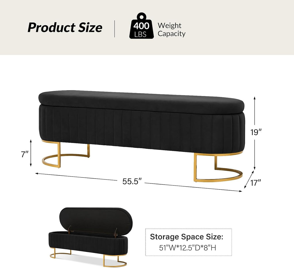 EcoHarbor Living 55.5' Storage Bench Ottoman End of Bed Bench Bedroom Bench, Upholstered Velvet Long Window Bench Large King Size with Gold Legs, Flipping Lid Entryway Footrest (Black)