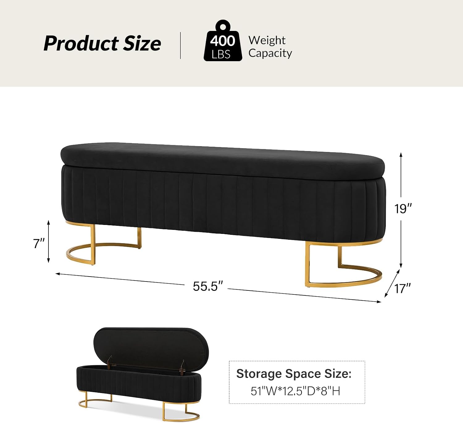 EcoHarbor Living 55.5' Storage Bench Ottoman End of Bed Bench Bedroom Bench, Upholstered Velvet Long Window Bench Large King Size with Gold Legs, Flipping Lid Entryway Footrest (Black)