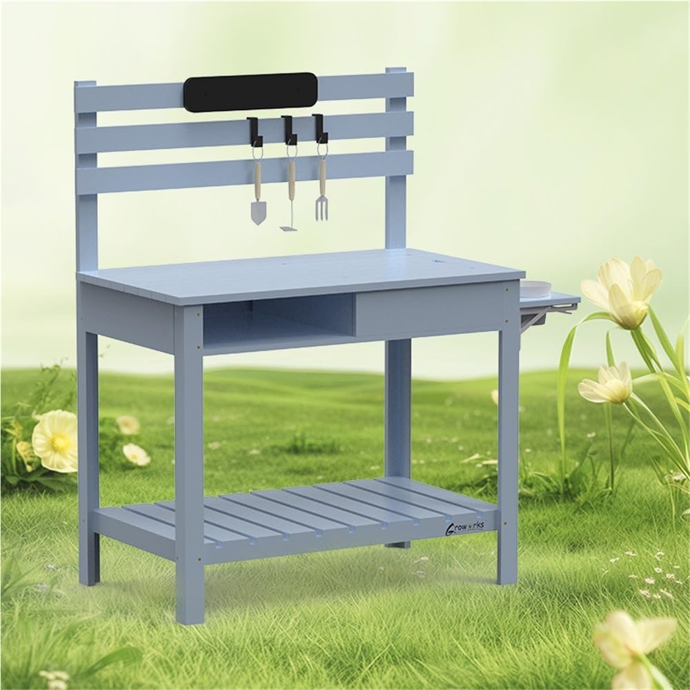 Outdoor Potting Bench with Blackboard and Sink, Multi-Functional Garden Workbench Table for Courtyard, Balcony or Patio, Planting Table with Storage Shelves and Tool Rack(Blue)