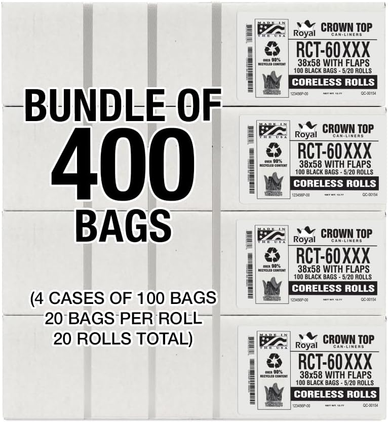 Aluf Plastics RCT-60XXX Star Sealed Coreless Rolls with E-Z Tie Flap Closure, 60 gal, Polyethylene, 38' x 58', Black (Pack of 400)