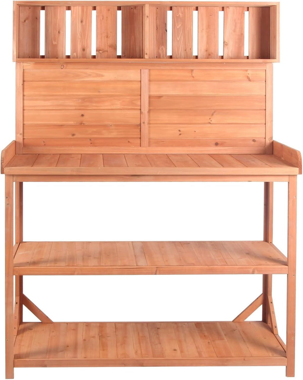 65' Large Wooden Farmhouse Rustic Outdoor Potting Bench Table, Patio Workstation, Garden Potting Bench with 4 Storage Shelves and Side Hook,Natural