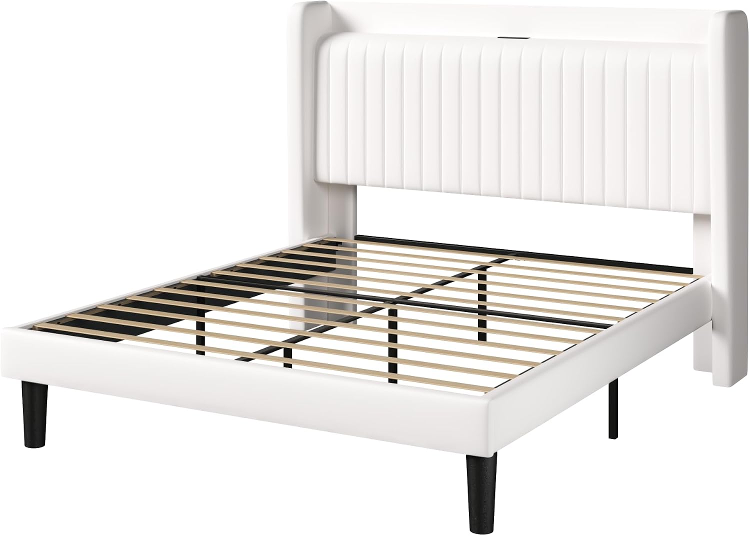 Allewie Queen Size Platform Bed Frame with USB Charging Station and Storage Shelf/Upholstered Velvet Wingback Headboard/Wooden Slats Support/No Box Spring Needed/Easy Assembly, White