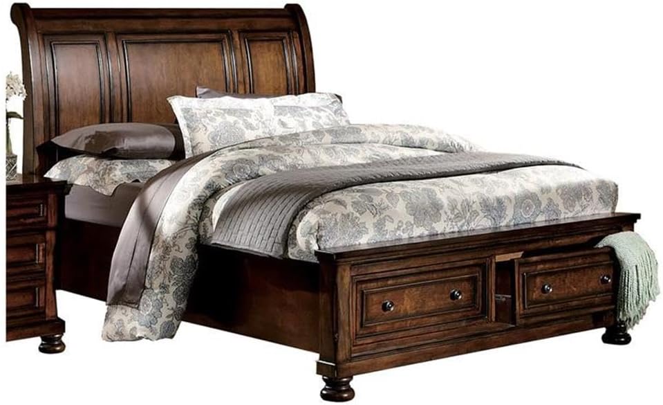 Pemberly Row Traditional Full Sleigh Platform Bed, Brown Cherry Finish, Wood & MDF Frame with Birch Veneer, 2-Drawer Storage Footboard, Includes Headboard, Slats & Rails for Transitional Bedroom Use