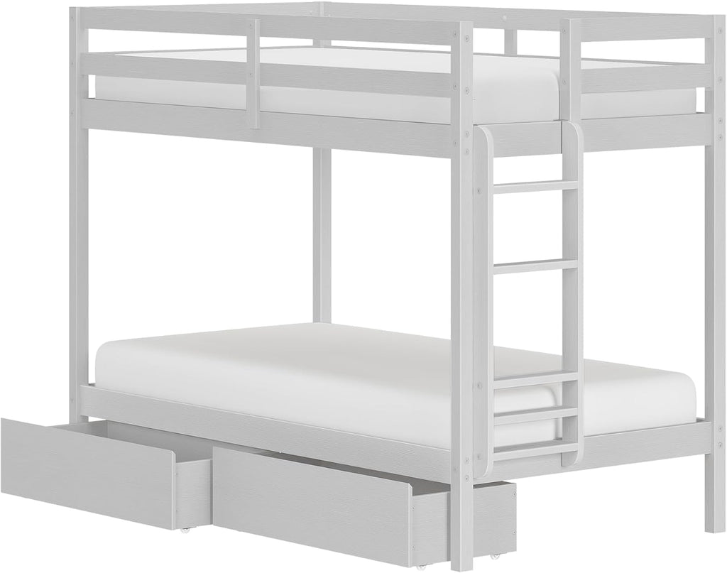 Grain & Grove Bear Twin Over Twin Bunk Bed with Storage Drawers, Sturdy Bunk Bed Frame for Kids, Plywood Bunk with Ladder, Guardrail, and Slats, No Box Spring Required, Brush White