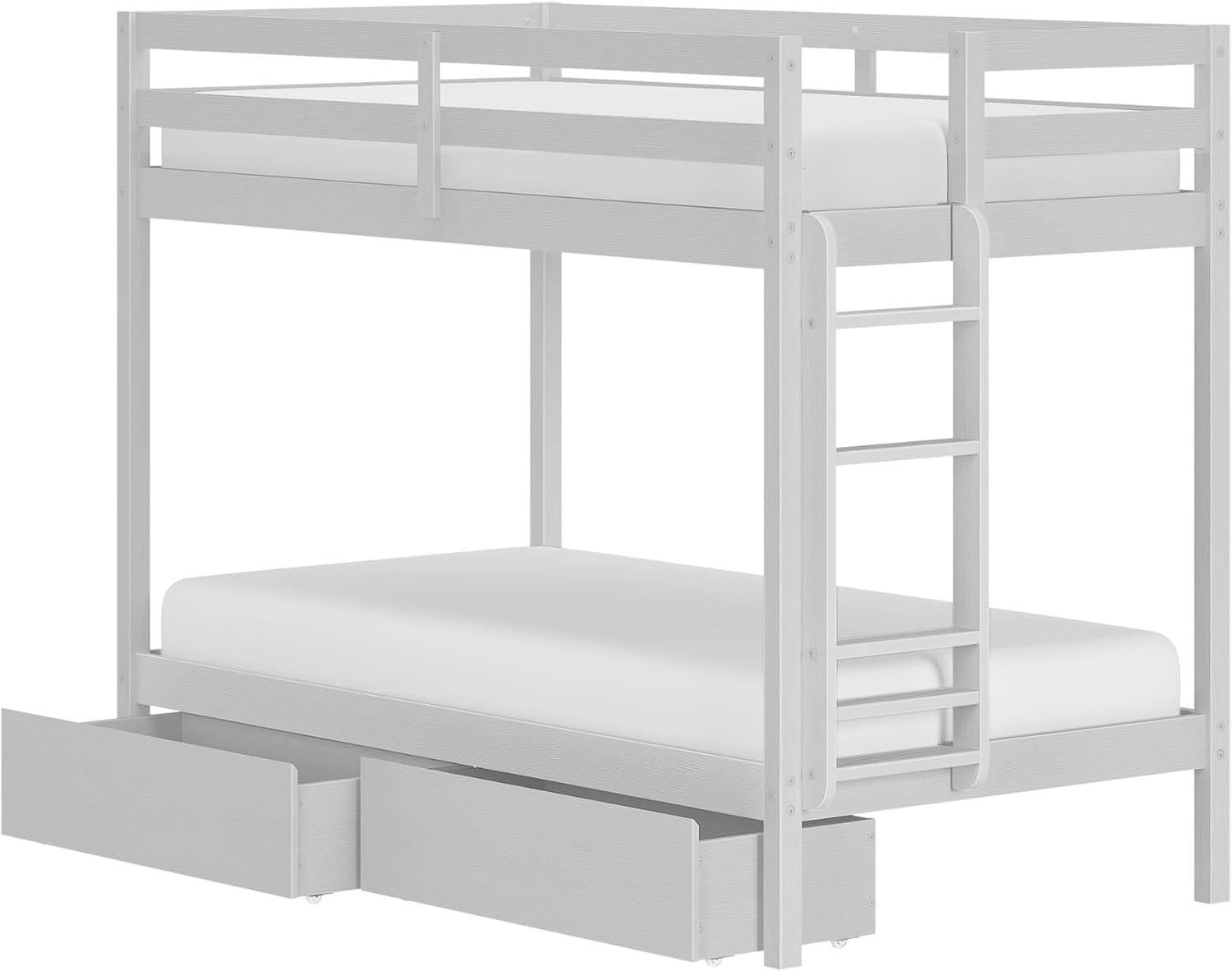 Grain & Grove Bear Twin Over Twin Bunk Bed with Storage Drawers, Sturdy Bunk Bed Frame for Kids, Plywood Bunk with Ladder, Guardrail, and Slats, No Box Spring Required, Brush White