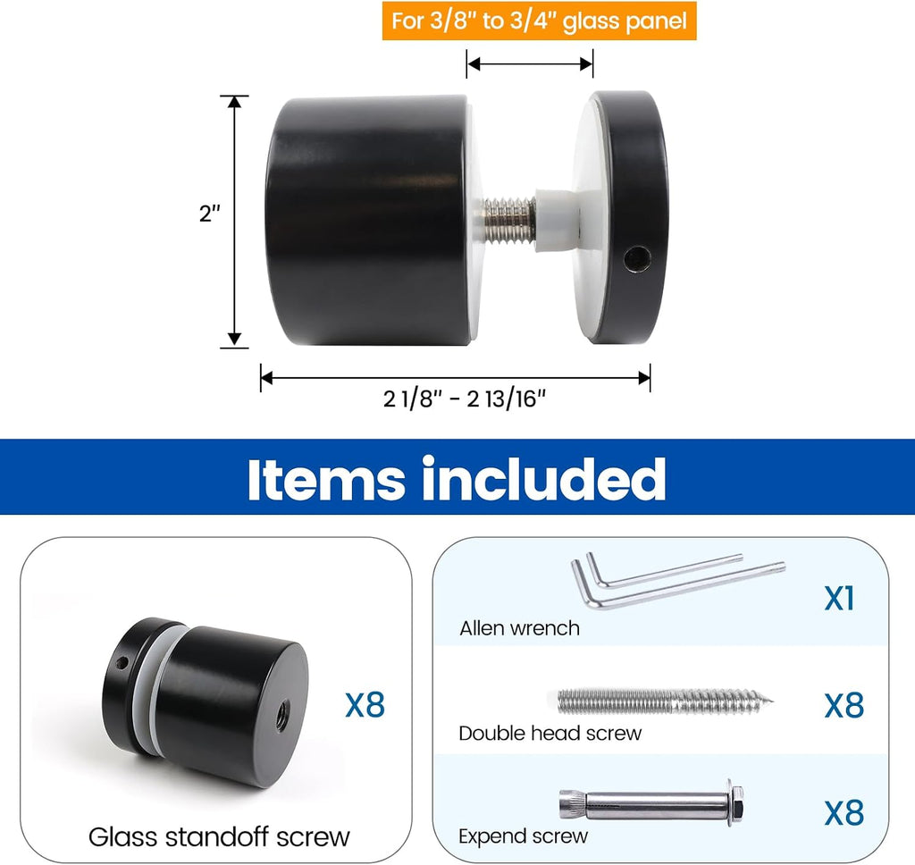 Muzata 8Pack Black Glass Standoff 2' Glass Bracket GA07 with 2Pack Black Adjustable Glass to Glass Clamp Angle (90°-180°) GA08